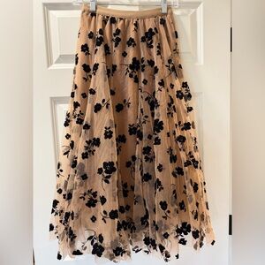 Chicwish Black Velvet Floral Tulle Midi Skirt Nude Base